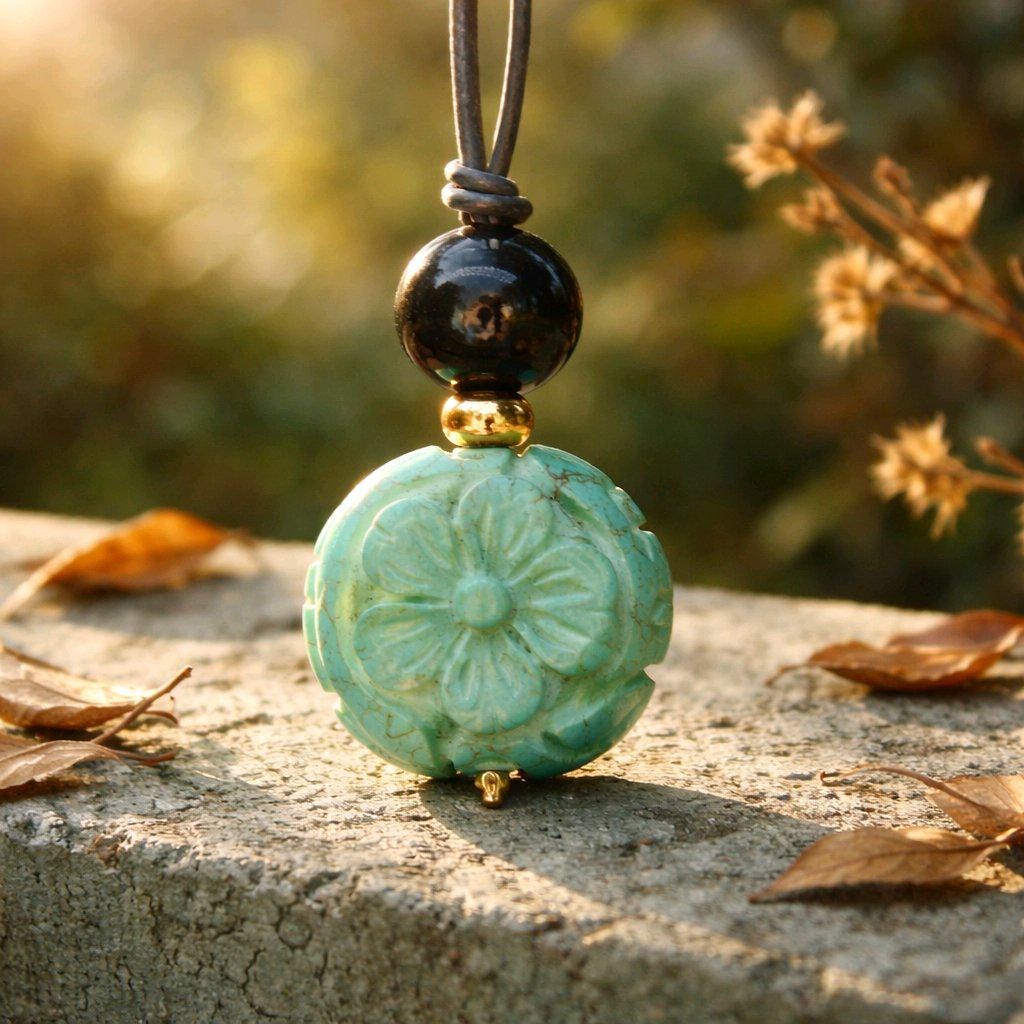Turquoise Flower Necklace, Chunky Obsidian Protection Jewelry, Hand Carved Totem Crystal Pendant, Adjustable Leather Cord