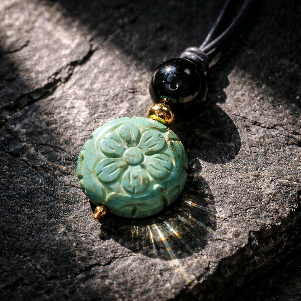 Turquoise Flower Necklace, Chunky Obsidian Protection Jewelry, Hand Carved Totem Crystal Pendant, Adjustable Leather Cord