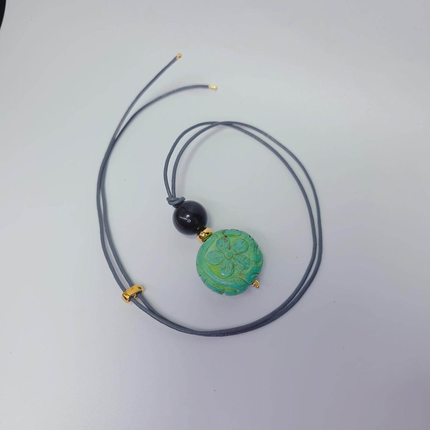 Turquoise Flower Necklace, Chunky Obsidian Protection Jewelry, Hand Carved Totem Crystal Pendant, Adjustable Leather Cord