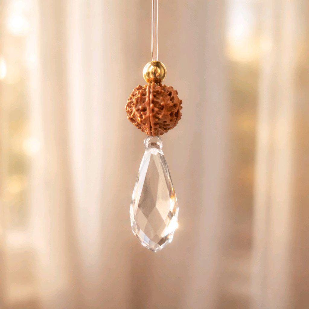 Clear Quartz Point Necklace, Chunky Rudraksha Seed Zen Jewelry, Spiritual Meditation Amulet Pendant, Adjustable Leather Cord