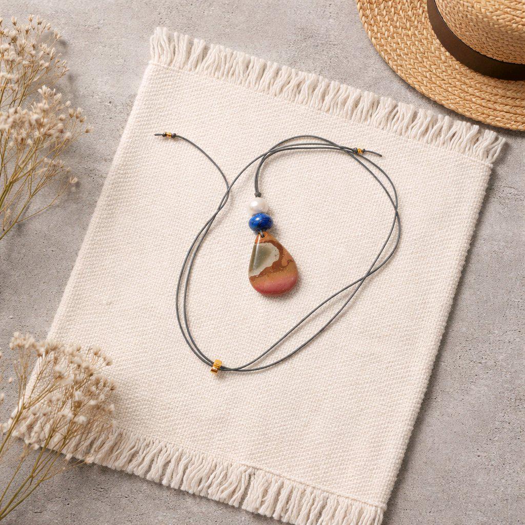 Ocean Jasper Necklace Baroque Pearl Lapis Lazuli Pendant Geometric Chunky Jewelry for Her, Adjustable Leather Cord Birthstone Gift