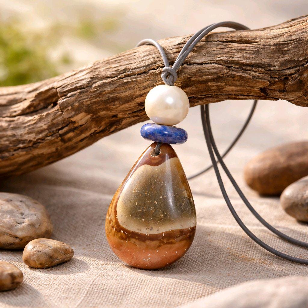 Ocean Jasper Necklace Baroque Pearl Lapis Lazuli Pendant Geometric Chunky Jewelry for Her, Adjustable Leather Cord Birthstone Gift