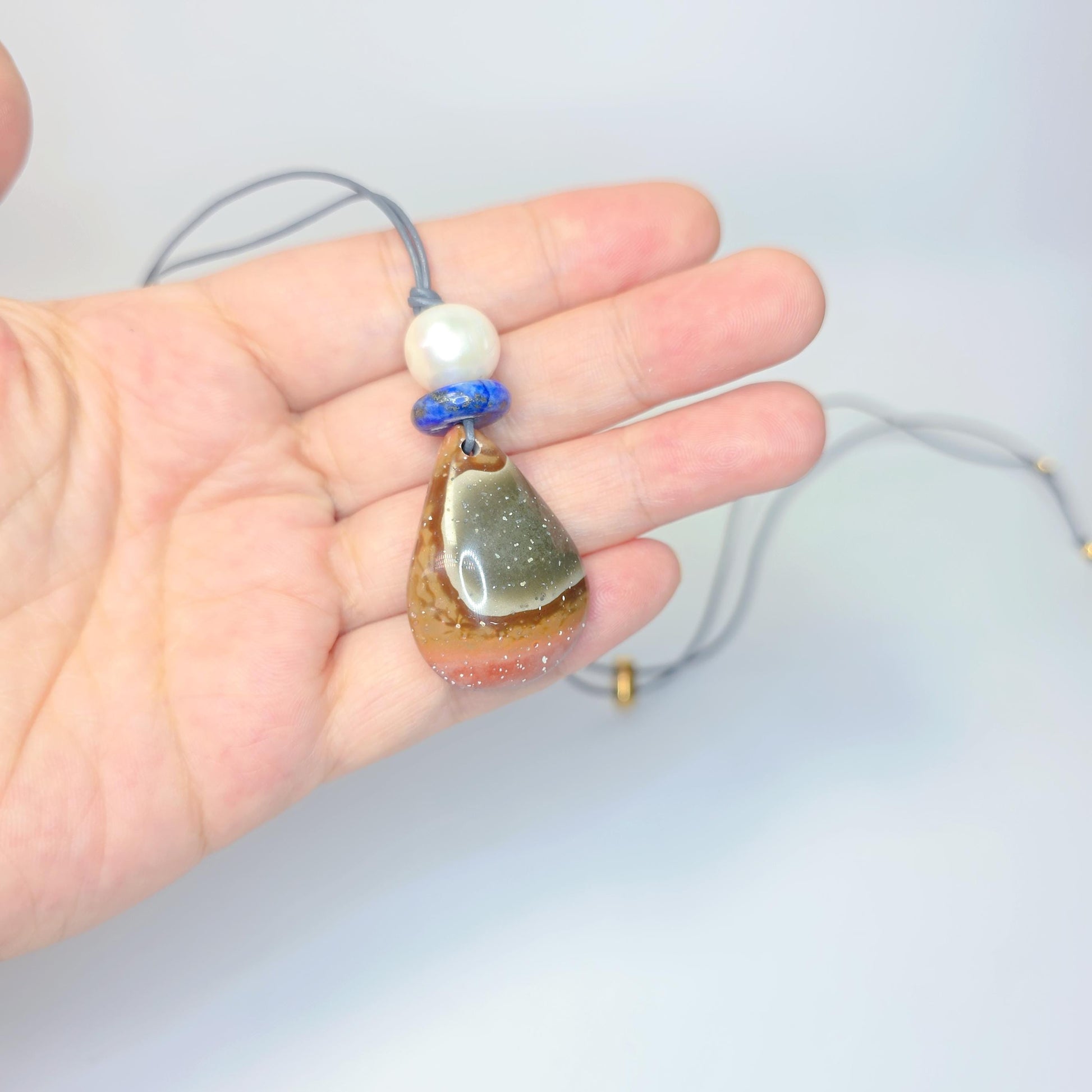 Ocean Jasper Necklace Baroque Pearl Lapis Lazuli Pendant Geometric Chunky Jewelry for Her, Adjustable Leather Cord Birthstone Gift