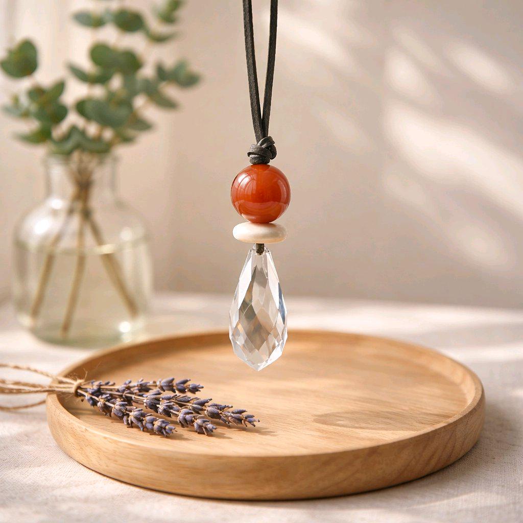 Red Carnelian Necklace Clear Quartz Pendant Geometric Chunky Crystal Jewelry for Men Women, Adjustable Leather Cord Birthstone Gift