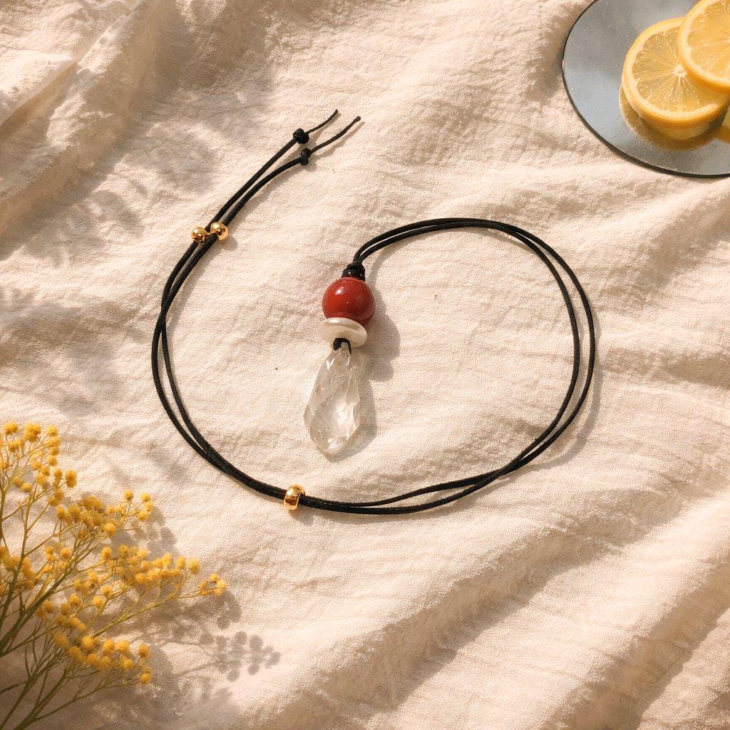 Red Carnelian Necklace Clear Quartz Pendant Geometric Chunky Crystal Jewelry for Men Women, Adjustable Leather Cord Birthstone Gift