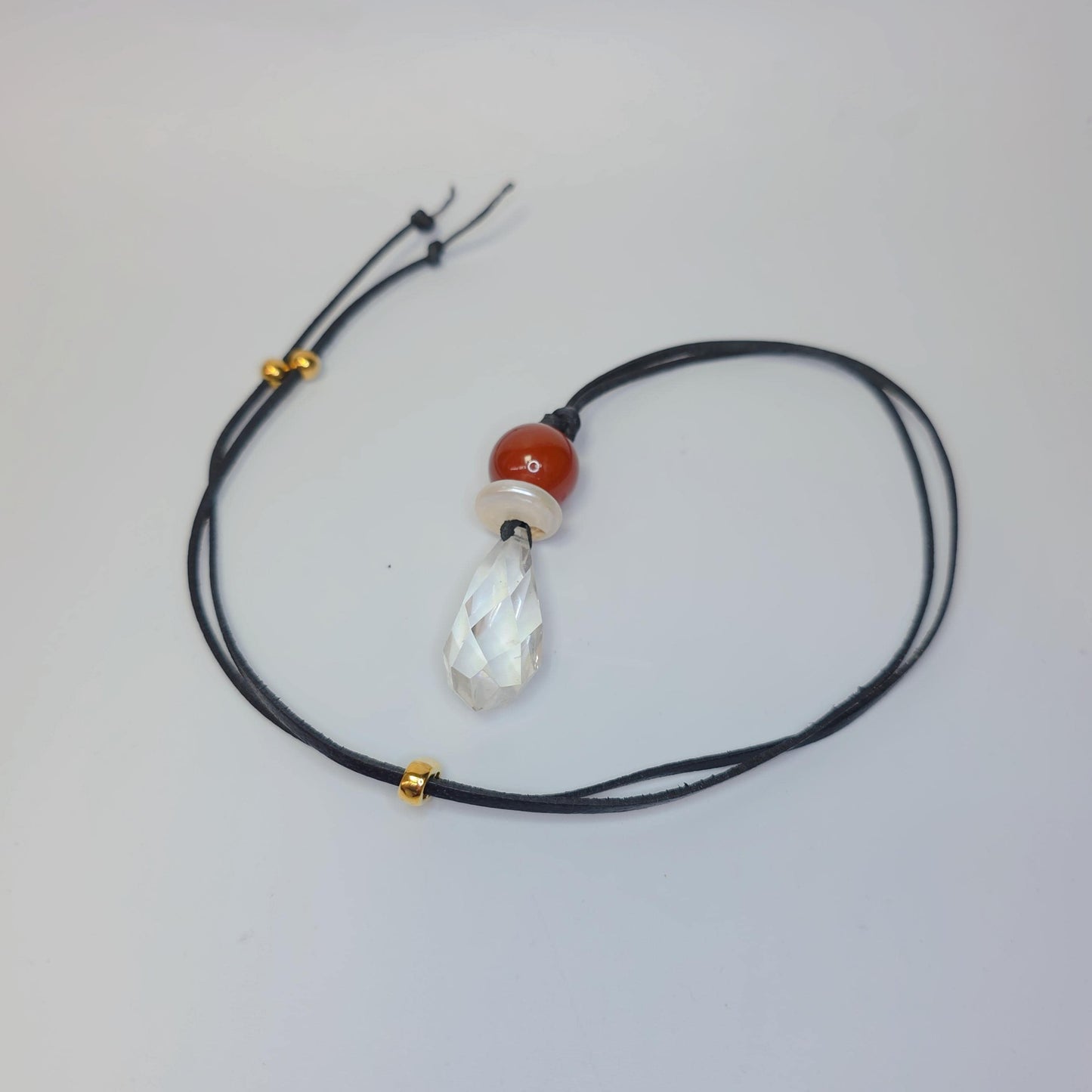 Red Carnelian Necklace Clear Quartz Pendant Geometric Chunky Crystal Jewelry for Men Women, Adjustable Leather Cord Birthstone Gift