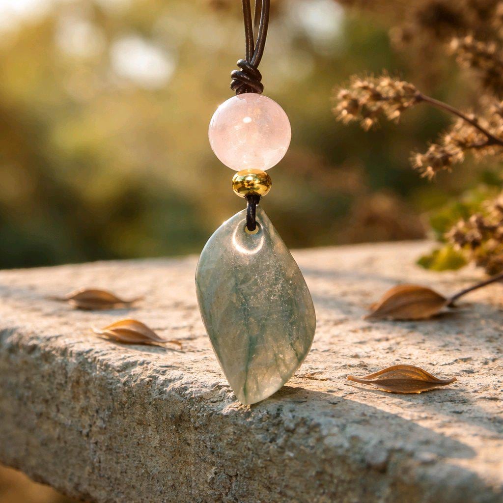 Labradorite Necklace Rose Quartz Pendant Geometric Chunky Crystal Jewelry for Women, Adjustable Leather Cord Birthstone Gift for Her