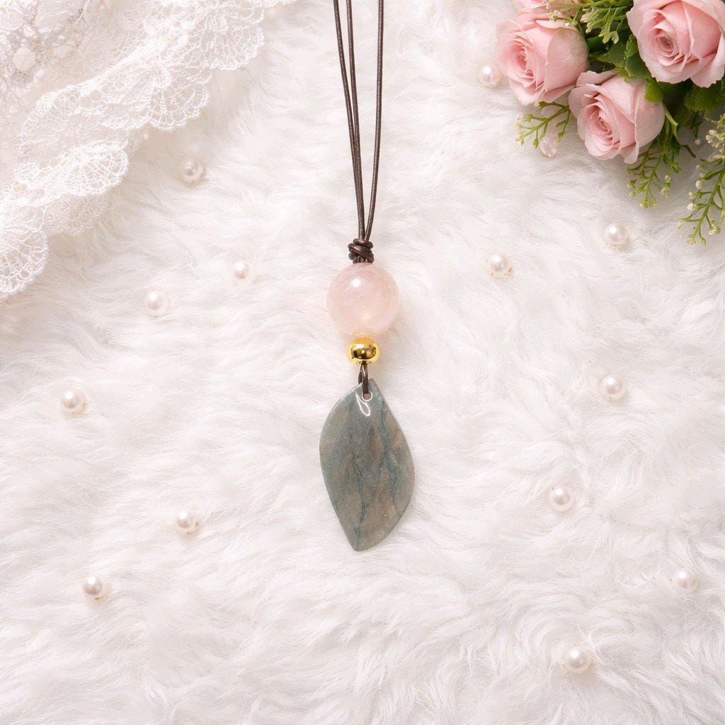 Labradorite Necklace Rose Quartz Pendant Geometric Chunky Crystal Jewelry for Women, Adjustable Leather Cord Birthstone Gift for Her