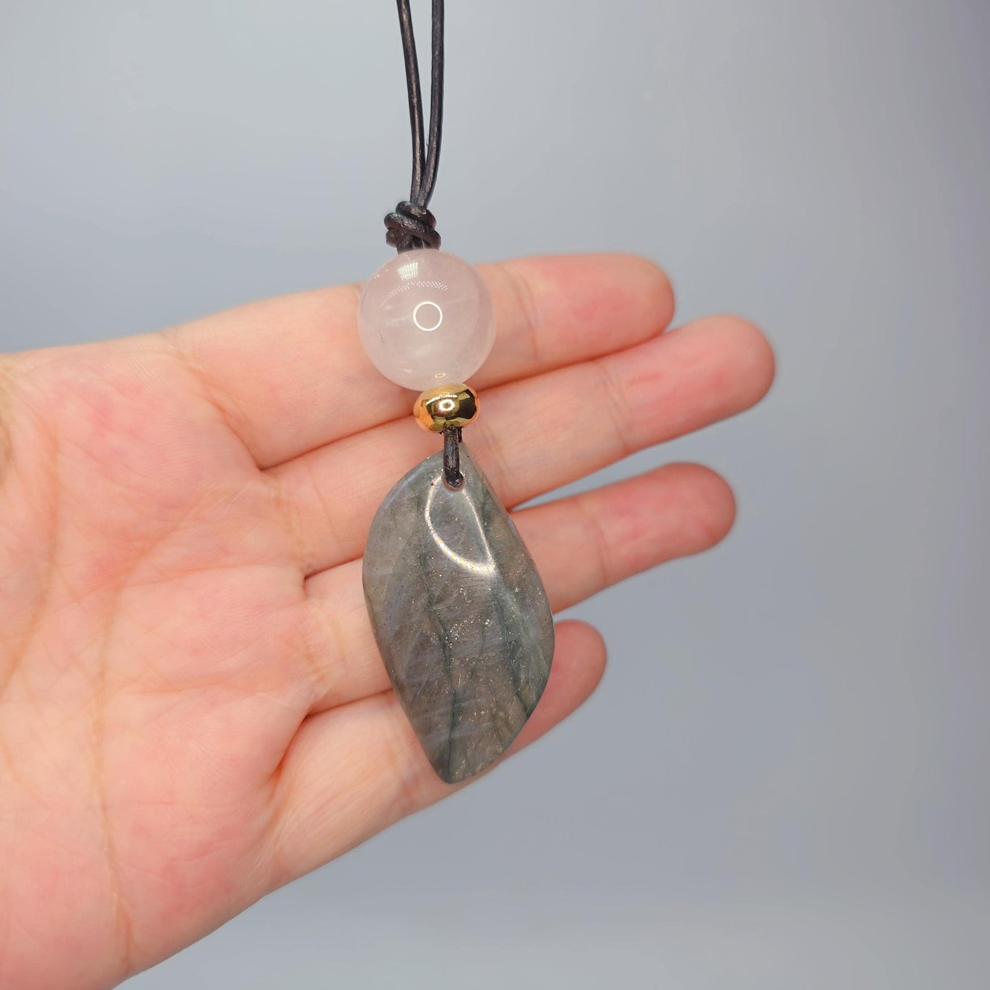 Labradorite Necklace Rose Quartz Pendant Geometric Chunky Crystal Jewelry for Women, Adjustable Leather Cord Birthstone Gift for Her