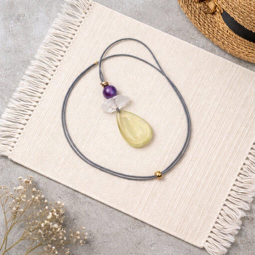 Citrine Necklace Amethyst Quartz Crystal Pendant Geometric Chunky Jewelry for Women Men, Adjustable Leather Cord Birthstone Gift