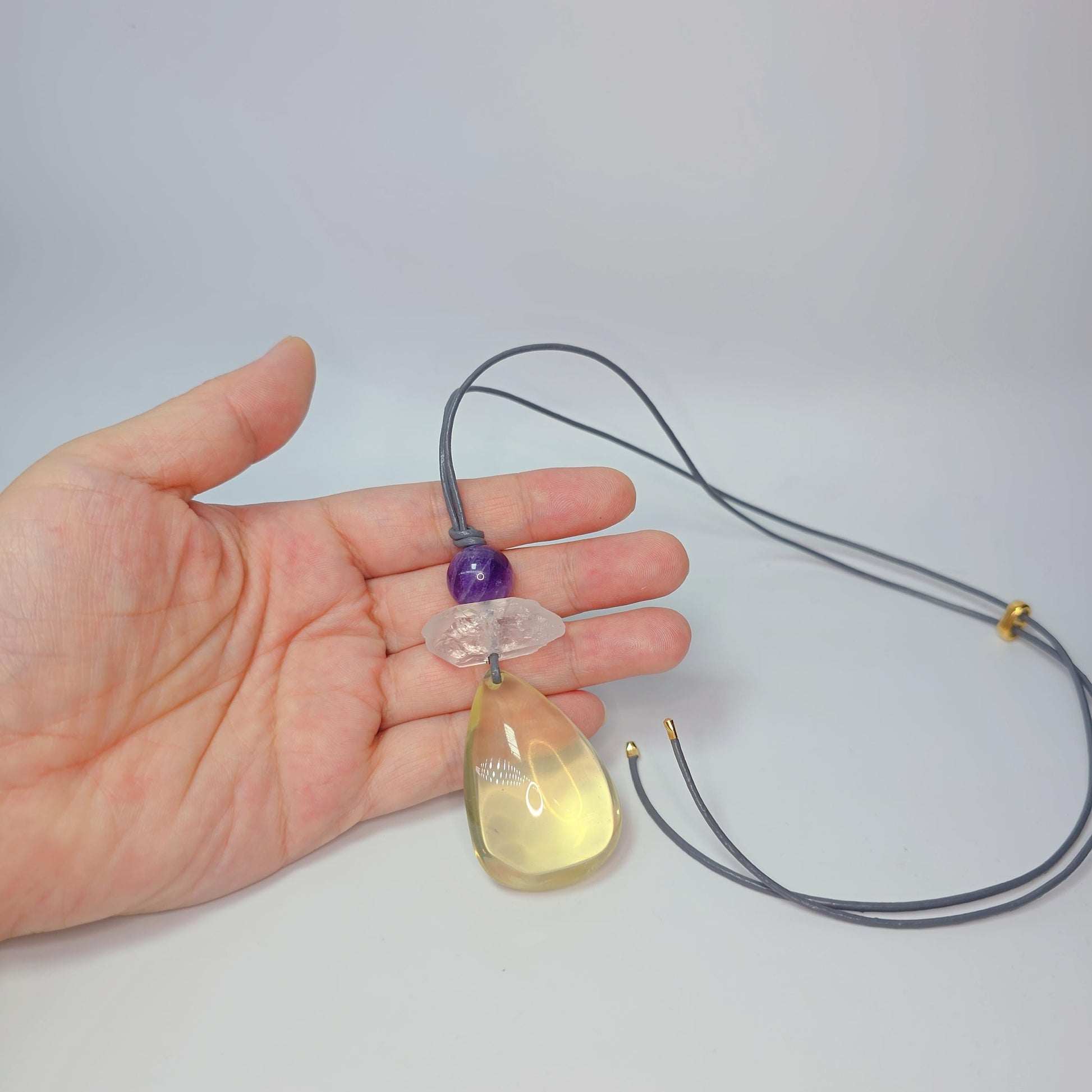 Citrine Necklace Amethyst Quartz Crystal Pendant Geometric Chunky Jewelry for Women Men, Adjustable Leather Cord Birthstone Gift