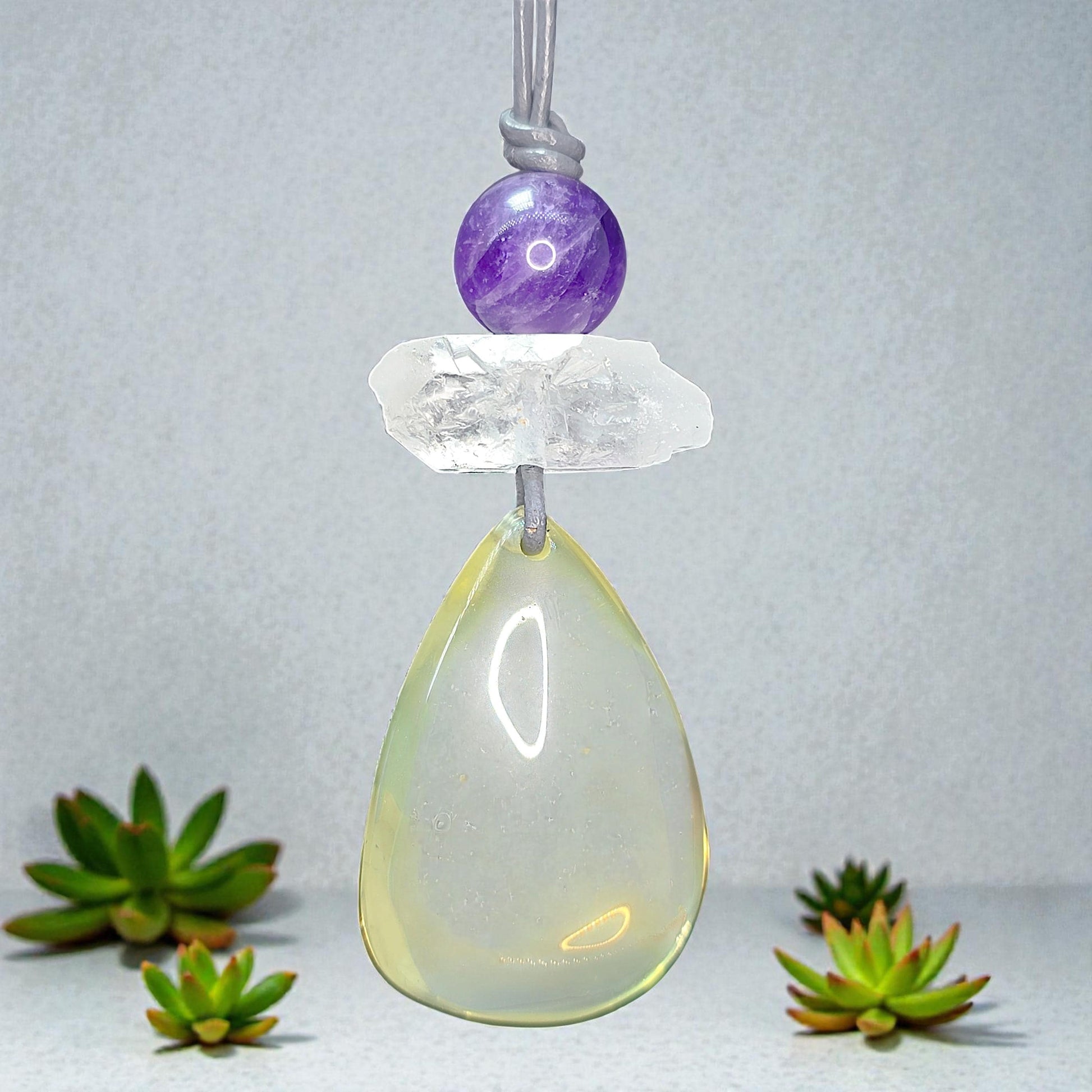 Citrine Necklace Amethyst Quartz Crystal Pendant Geometric Chunky Jewelry for Women Men, Adjustable Leather Cord Birthstone Gift