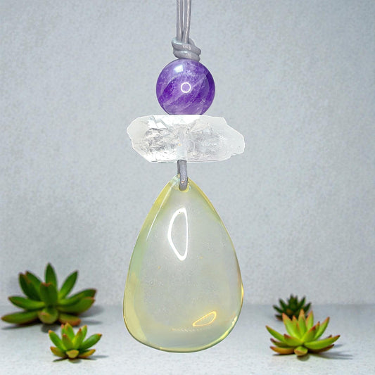 Citrine Necklace Amethyst Quartz Crystal Pendant Geometric Chunky Jewelry for Women Men, Adjustable Leather Cord Birthstone Gift