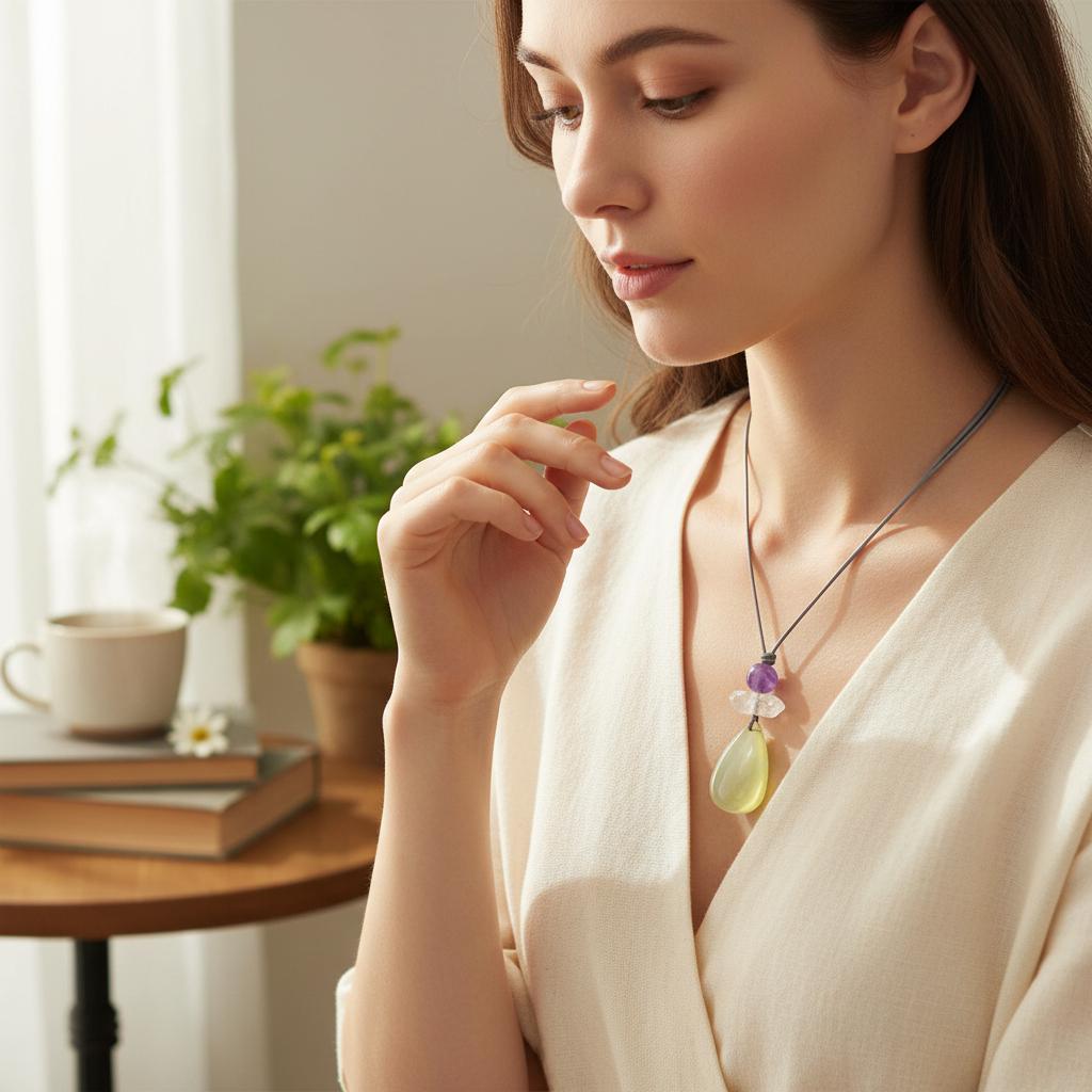 Citrine Necklace Amethyst Quartz Crystal Pendant Geometric Chunky Jewelry for Women Men, Adjustable Leather Cord Birthstone Gift