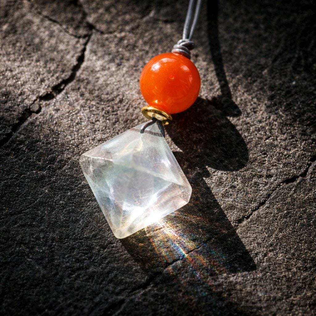 Fluorite Necklace Red Carnelian Pendant Geometric Chunky Crystal Jewelry for Women, Adjustable Leather Cord Birthstone Gift for Her