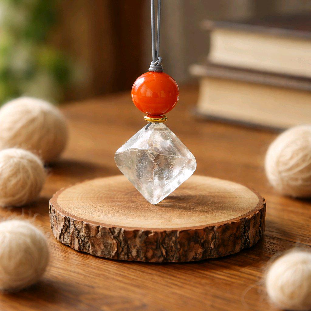 Fluorite Necklace Red Carnelian Pendant Geometric Chunky Crystal Jewelry for Women, Adjustable Leather Cord Birthstone Gift for Her