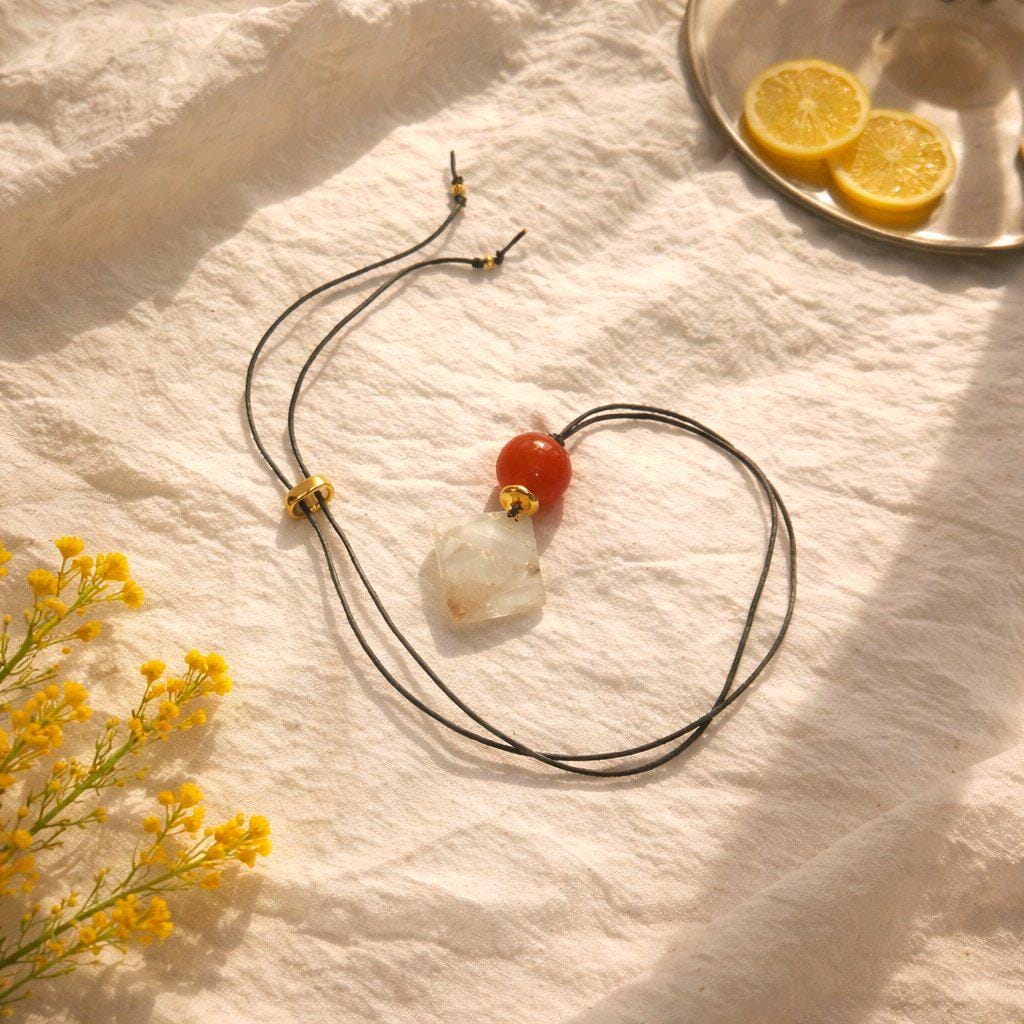 Fluorite Necklace Red Carnelian Pendant Geometric Chunky Crystal Jewelry for Women, Adjustable Leather Cord Birthstone Gift for Her