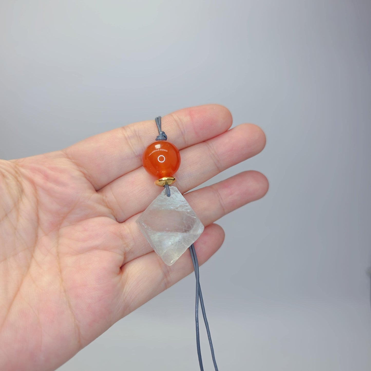 Fluorite Necklace Red Carnelian Pendant Geometric Chunky Crystal Jewelry for Women, Adjustable Leather Cord Birthstone Gift for Her