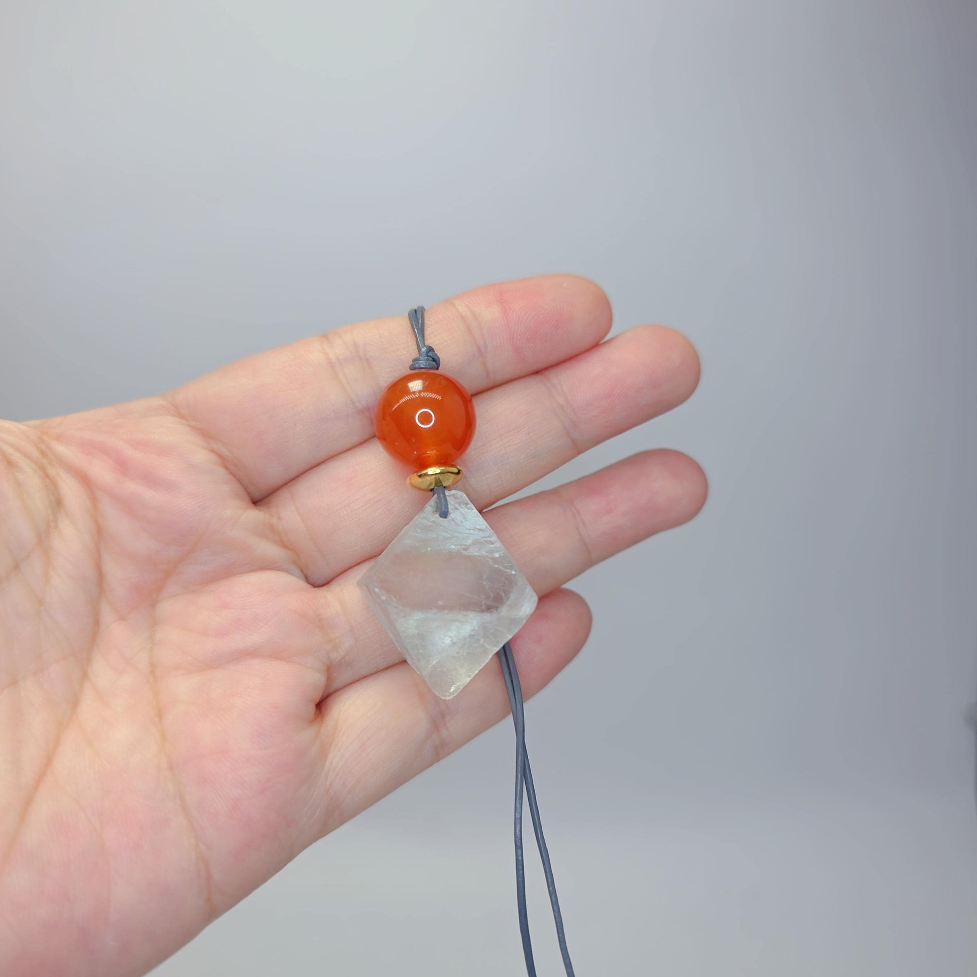 Fluorite Necklace Red Carnelian Pendant Geometric Chunky Crystal Jewelry for Women, Adjustable Leather Cord Birthstone Gift for Her