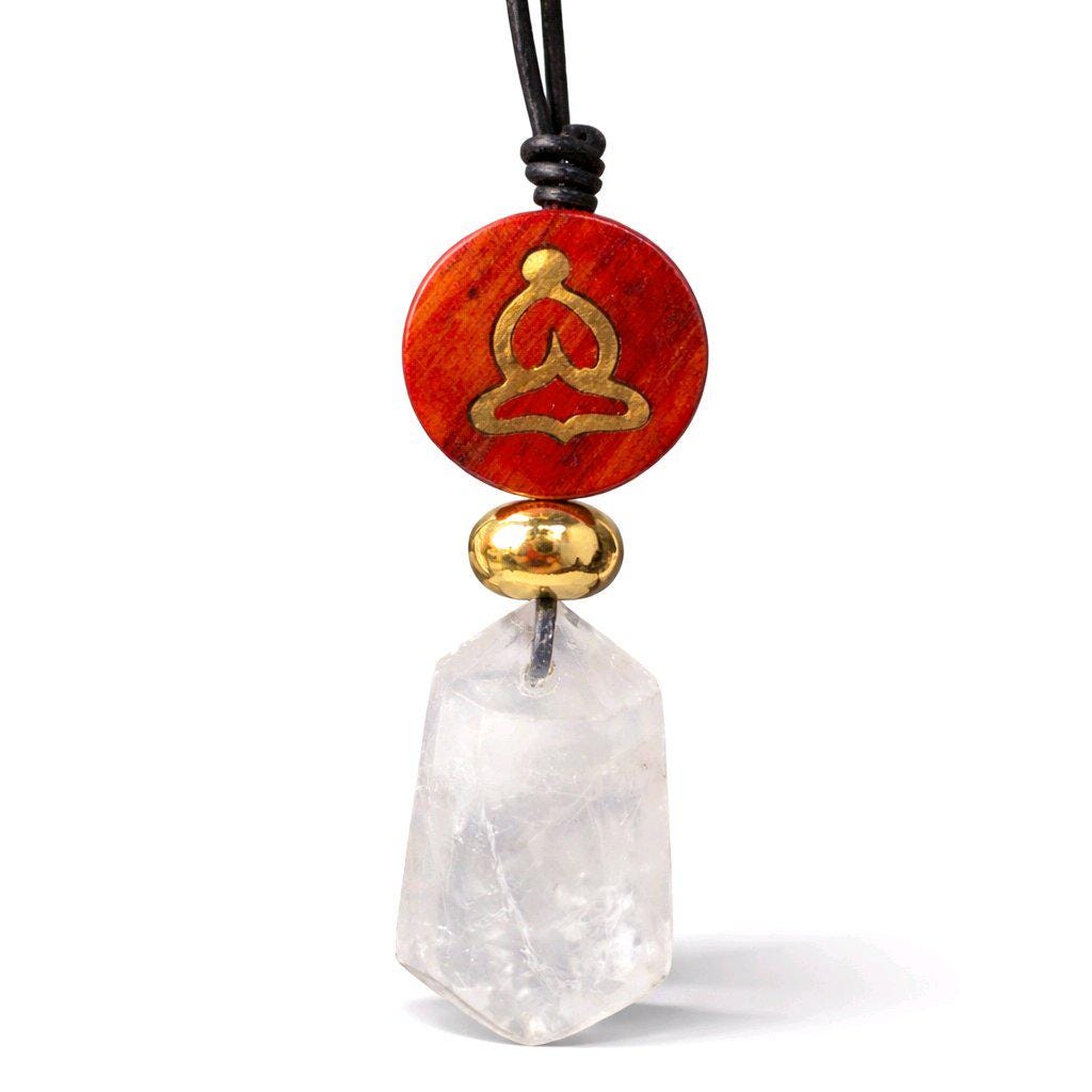 Clear Quartz Necklace Healing Crystal Pendant, Chunky Wood Buddha Geometric Jewelry for Men Women with Adjustable Leather Cord