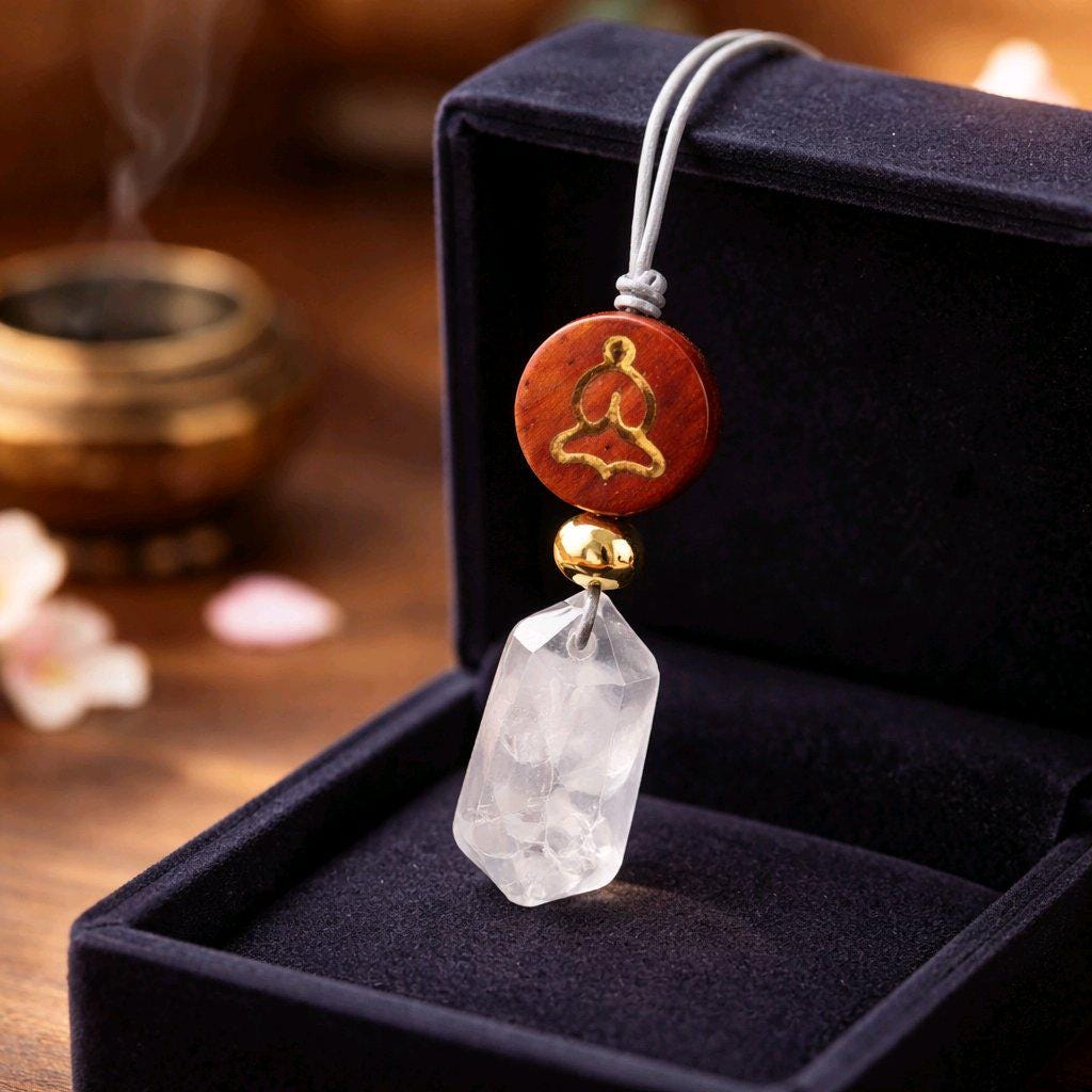 Clear Quartz Necklace Healing Crystal Pendant, Chunky Wood Buddha Geometric Jewelry for Men Women with Adjustable Leather Cord