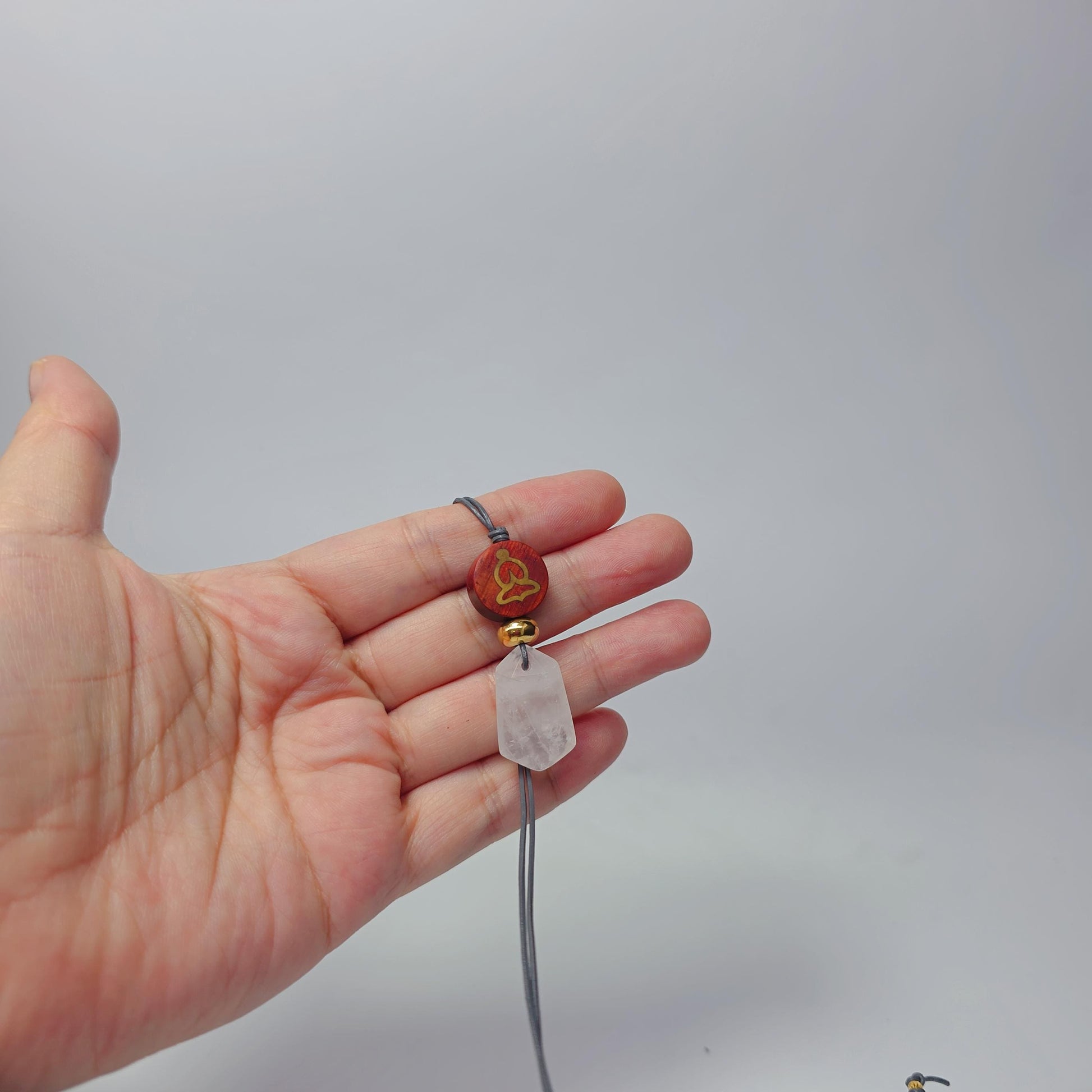 Clear Quartz Necklace Healing Crystal Pendant, Chunky Wood Buddha Geometric Jewelry for Men Women with Adjustable Leather Cord