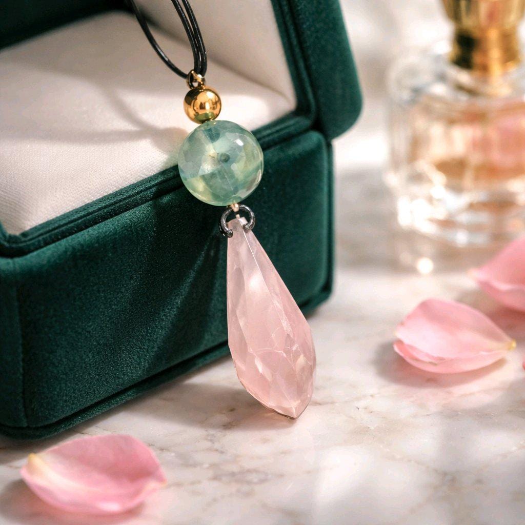 Rose Quartz Necklace Faceted Crystal Pendant, Chunky Fluorite Geometric Jewelry for Women with Adjustable Leather Cord up to 30 inches.