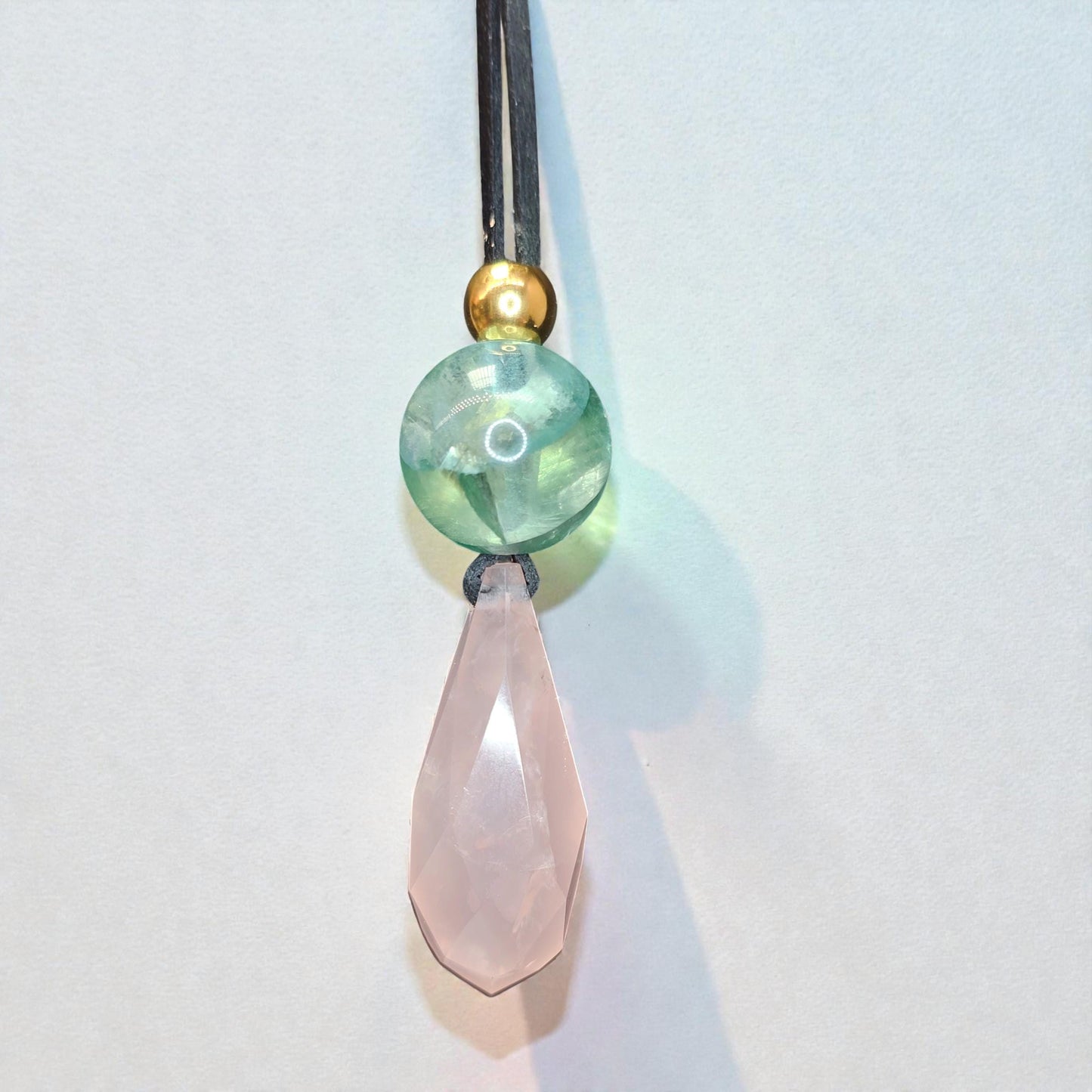 Rose Quartz Necklace Faceted Crystal Pendant, Chunky Fluorite Geometric Jewelry for Women with Adjustable Leather Cord up to 30 inches.