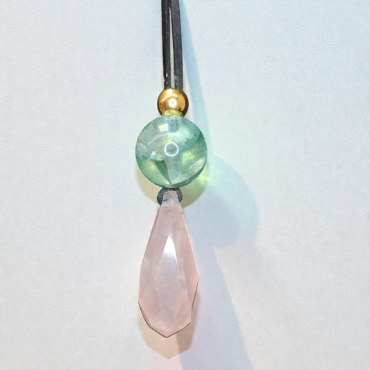 Rose Quartz Necklace Faceted Crystal Pendant, Chunky Fluorite Geometric Jewelry for Women with Adjustable Leather Cord up to 30 inches.