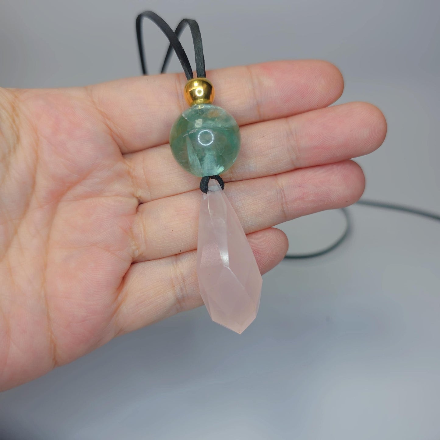 Rose Quartz Necklace Faceted Crystal Pendant, Chunky Fluorite Geometric Jewelry for Women with Adjustable Leather Cord up to 30 inches.