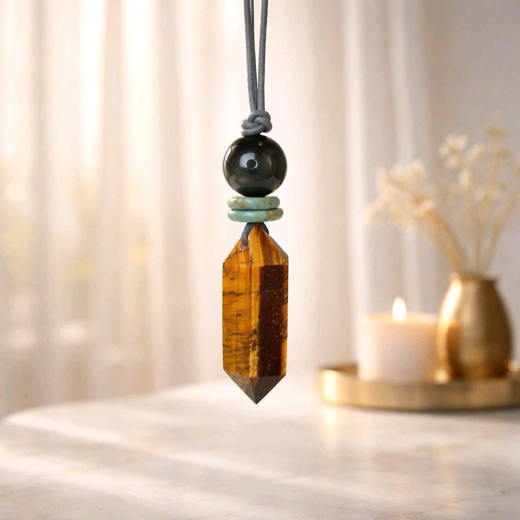 Tigers Eye Necklace Healing Crystal Pendant, Chunky Obsidian Geometric Jewelry for Men Women with Adjustable Leather Cord
