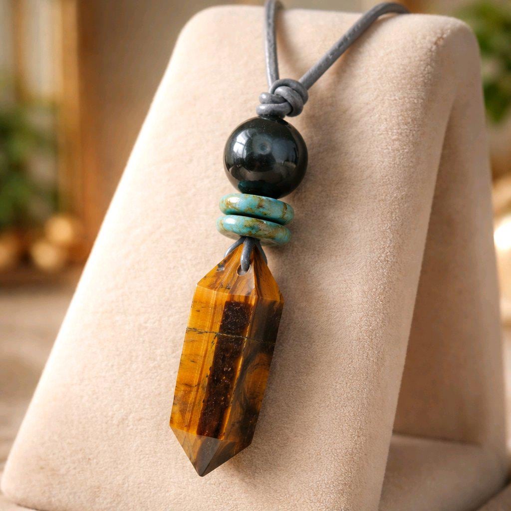 Tigers Eye Necklace Healing Crystal Pendant, Chunky Obsidian Geometric Jewelry for Men Women with Adjustable Leather Cord