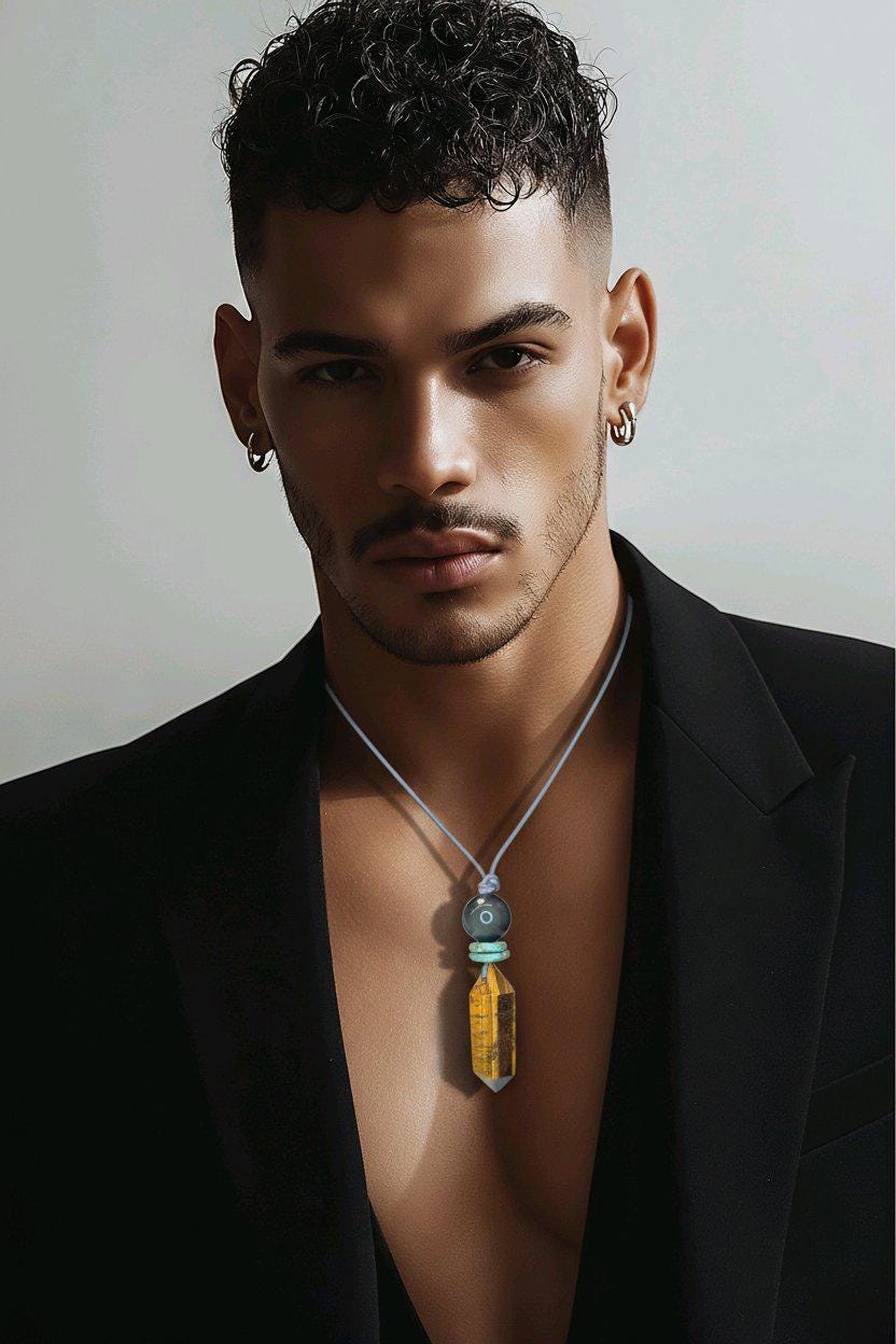 Tigers Eye Necklace Healing Crystal Pendant, Chunky Obsidian Geometric Jewelry for Men Women with Adjustable Leather Cord