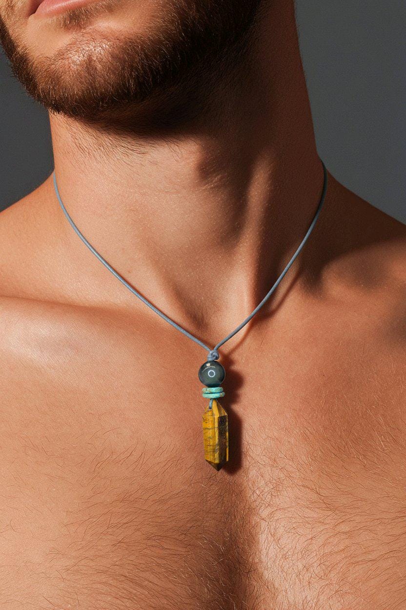 Tigers Eye Necklace Healing Crystal Pendant, Chunky Obsidian Geometric Jewelry for Men Women with Adjustable Leather Cord