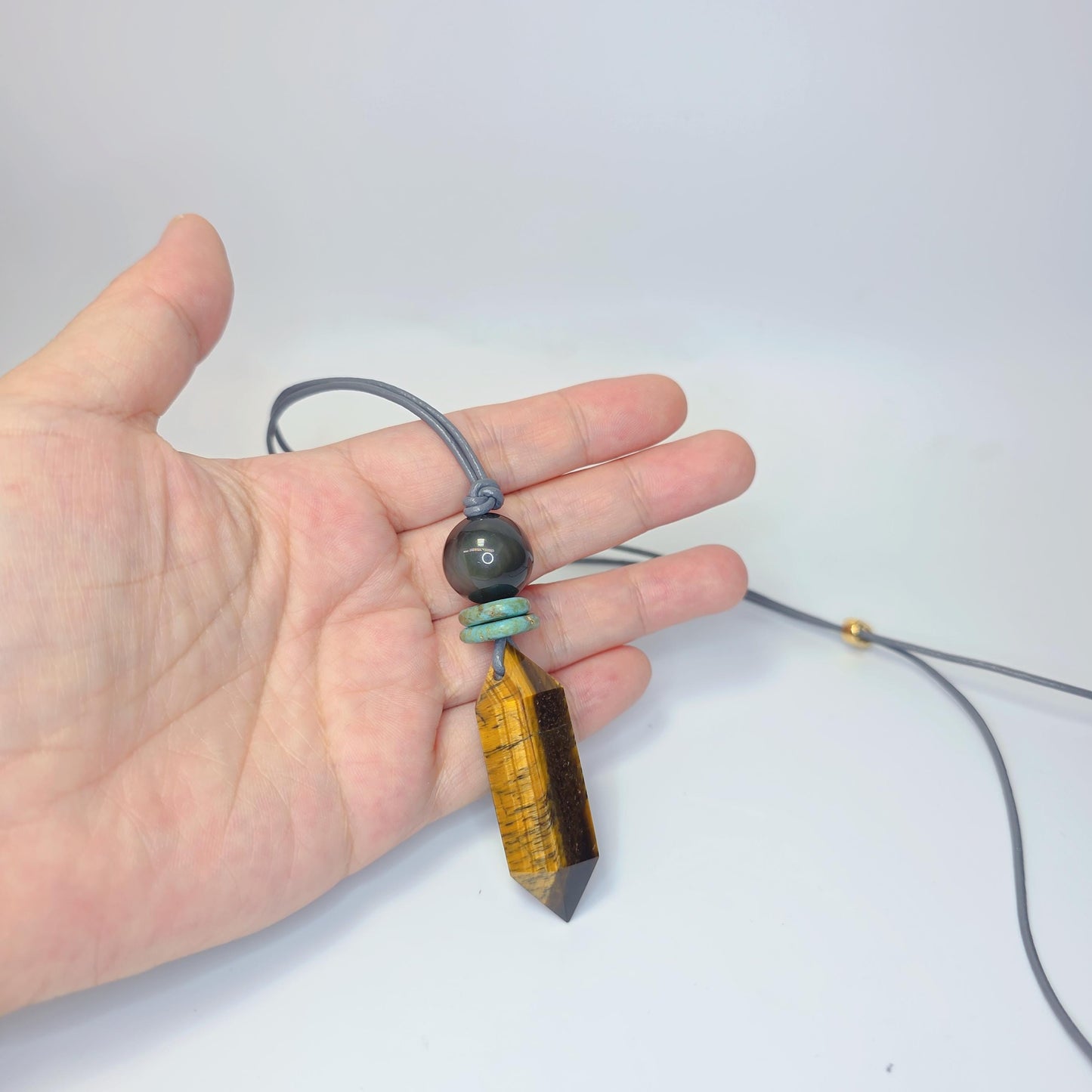 Tigers Eye Necklace Healing Crystal Pendant, Chunky Obsidian Geometric Jewelry for Men Women with Adjustable Leather Cord