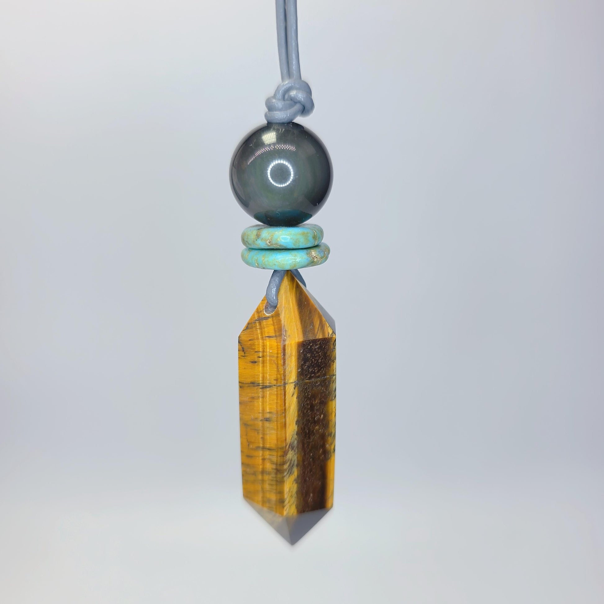 Tigers Eye Necklace Healing Crystal Pendant, Chunky Obsidian Geometric Jewelry for Men Women with Adjustable Leather Cord