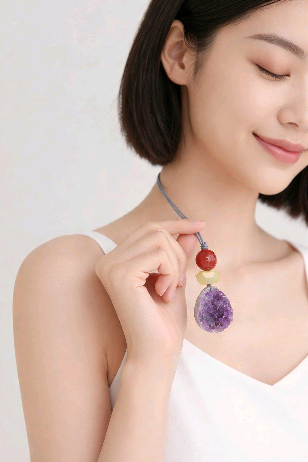 Amethyst Necklace Natural Crystal Druzy Pendant, Chunky Carnelian Geometric Jewelry for Men Women with Adjustable Leather Cord up to 30