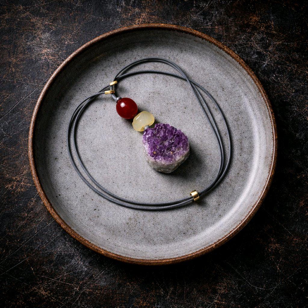 Amethyst Necklace Natural Crystal Druzy Pendant, Chunky Carnelian Geometric Jewelry for Men Women with Adjustable Leather Cord up to 30