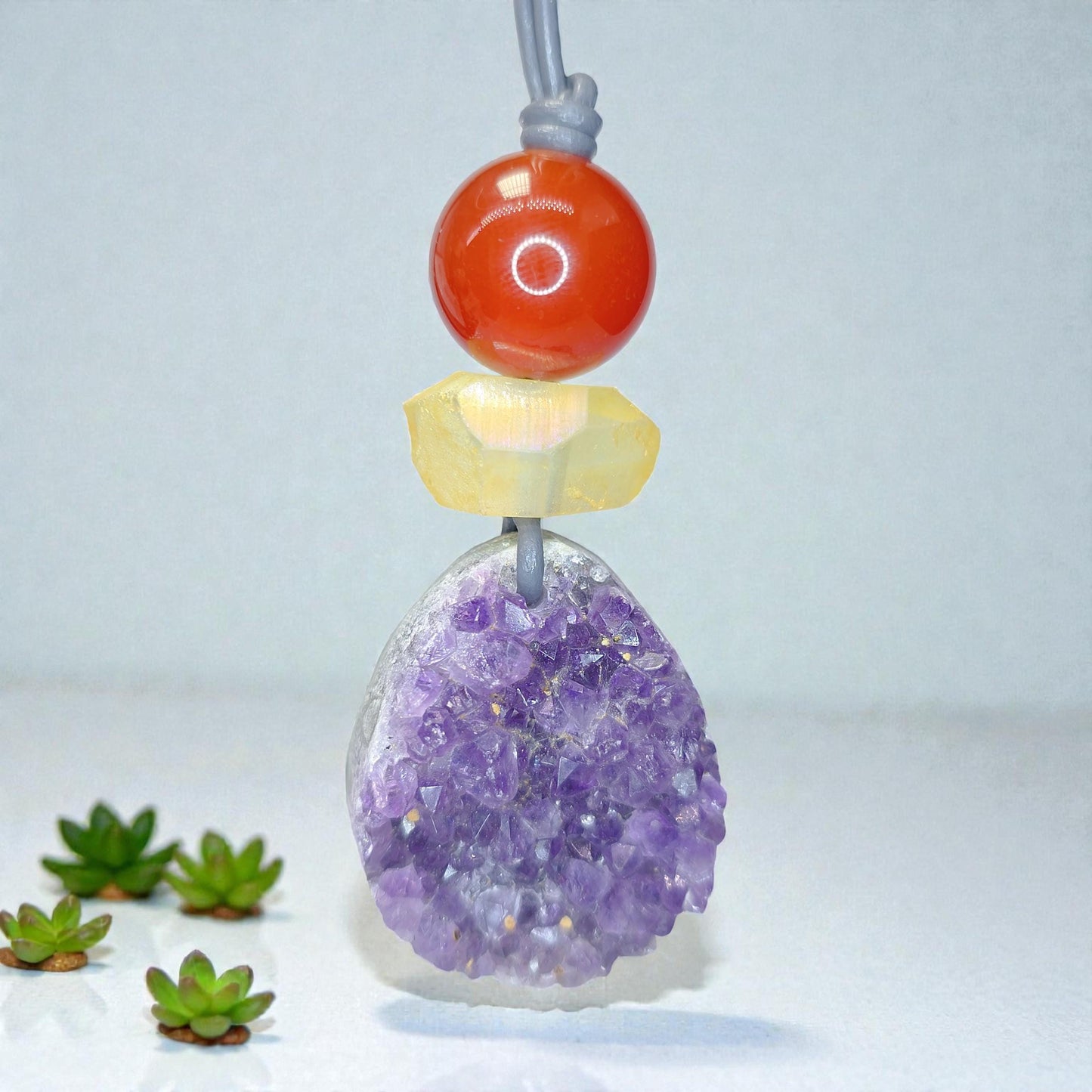 Amethyst Necklace Natural Crystal Druzy Pendant, Chunky Carnelian Geometric Jewelry for Men Women with Adjustable Leather Cord up to 30