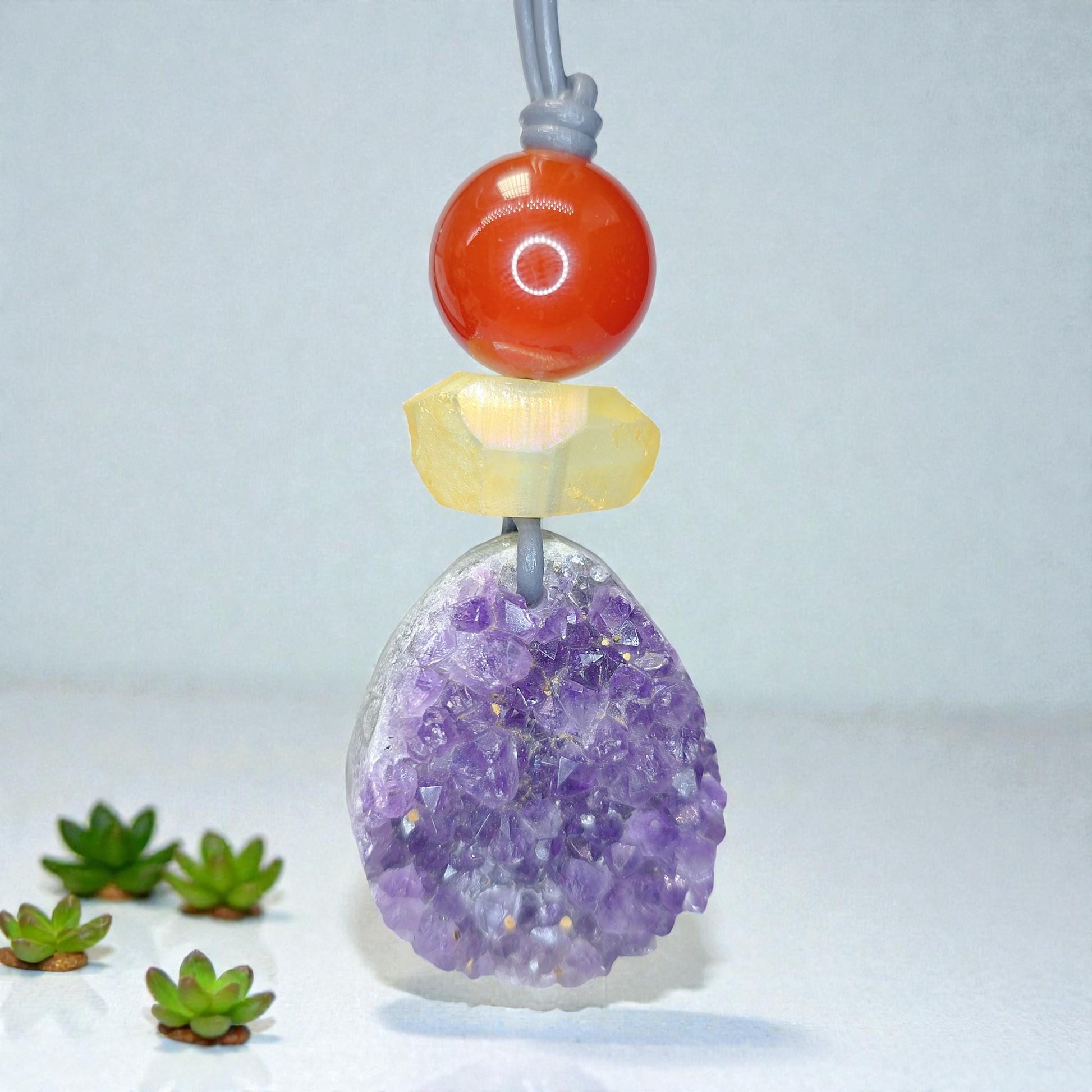 Amethyst Necklace Natural Crystal Druzy Pendant, Chunky Carnelian Geometric Jewelry for Men Women with Adjustable Leather Cord up to 30