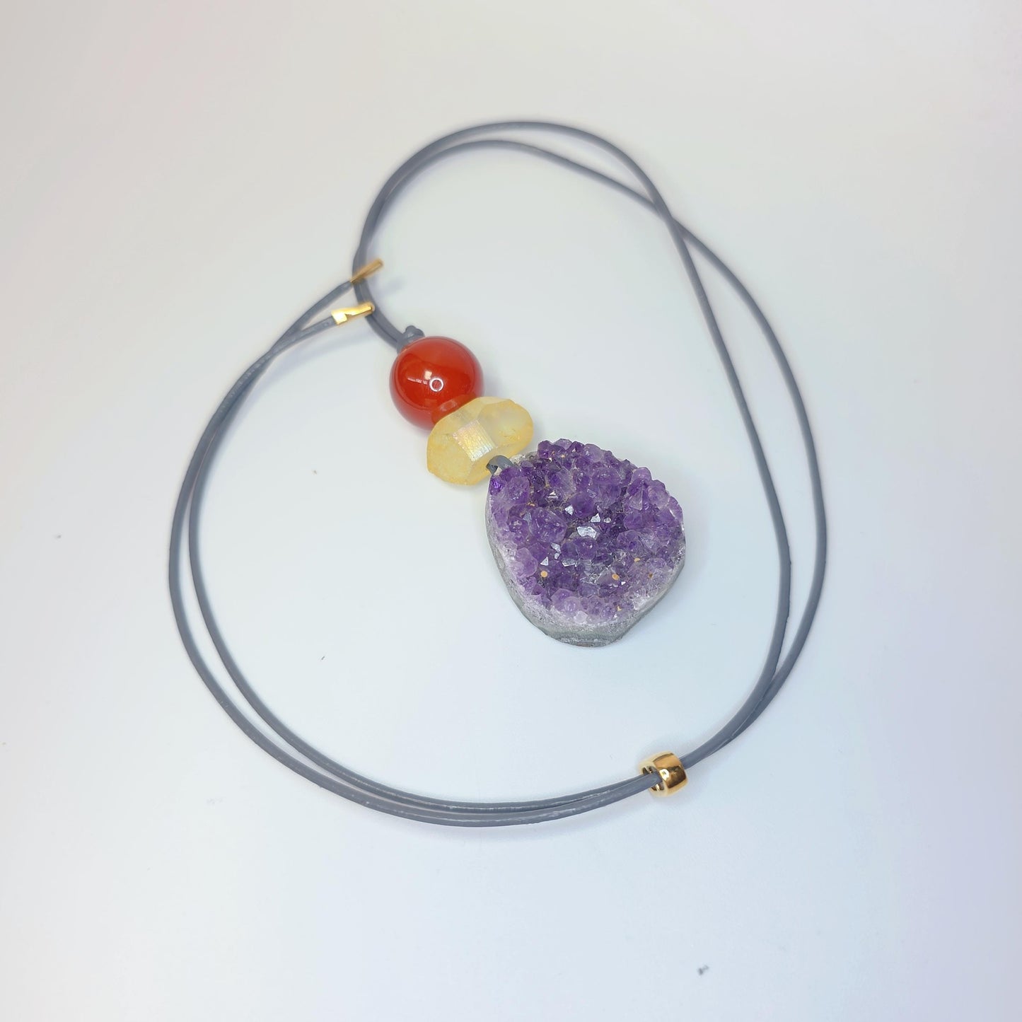 Amethyst Necklace Natural Crystal Druzy Pendant, Chunky Carnelian Geometric Jewelry for Men Women with Adjustable Leather Cord up to 30