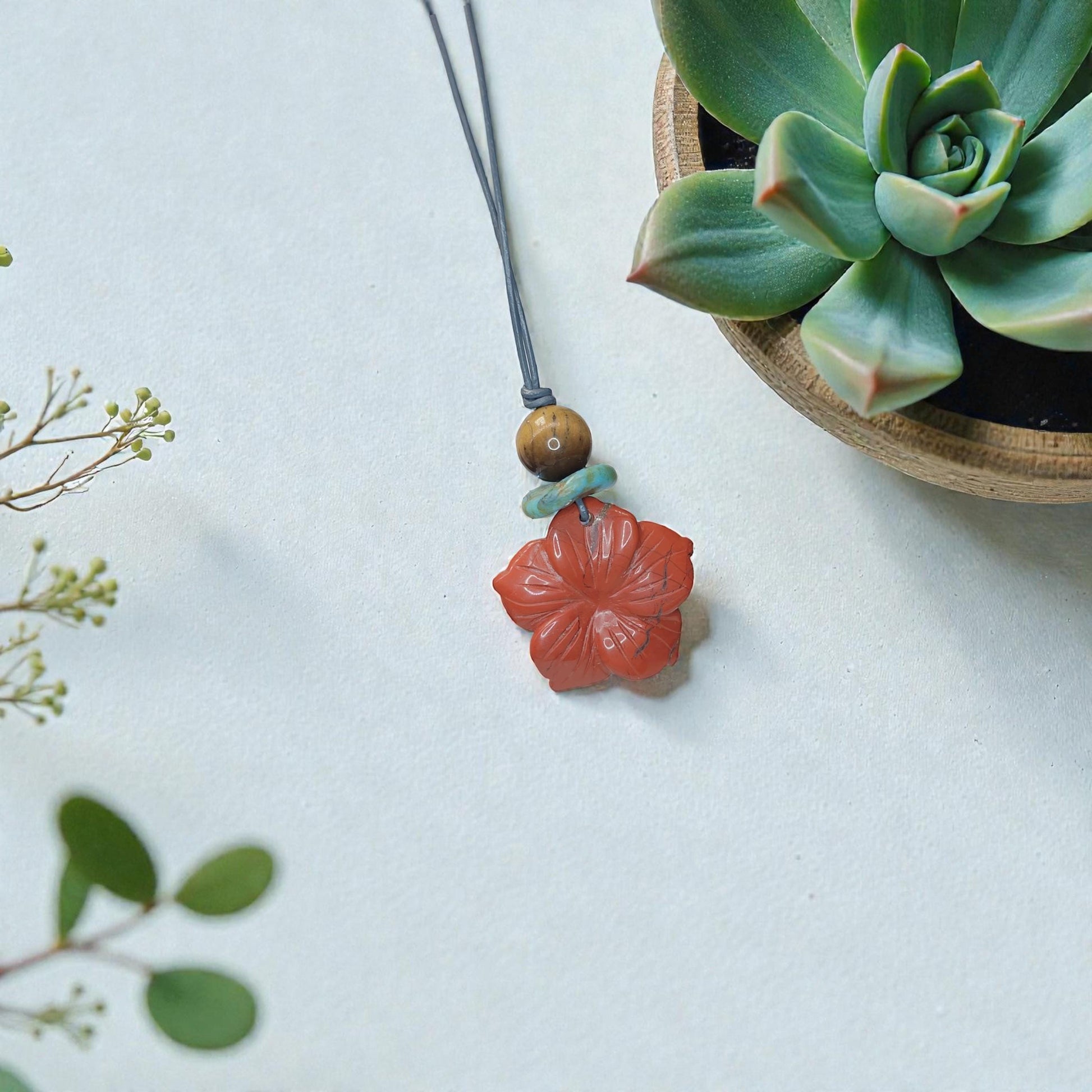 Red Jasper Necklace Flower Crystal Pendant, Chunky Tigers Eye Geometric Jewelry for Women Men with Adjustable Leather Cord up to 24 inches