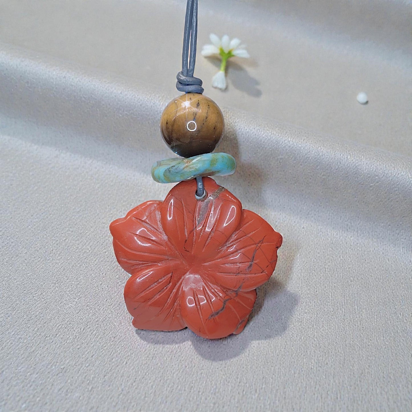 Red Jasper Necklace Flower Crystal Pendant, Chunky Tigers Eye Geometric Jewelry for Women Men with Adjustable Leather Cord up to 24 inches