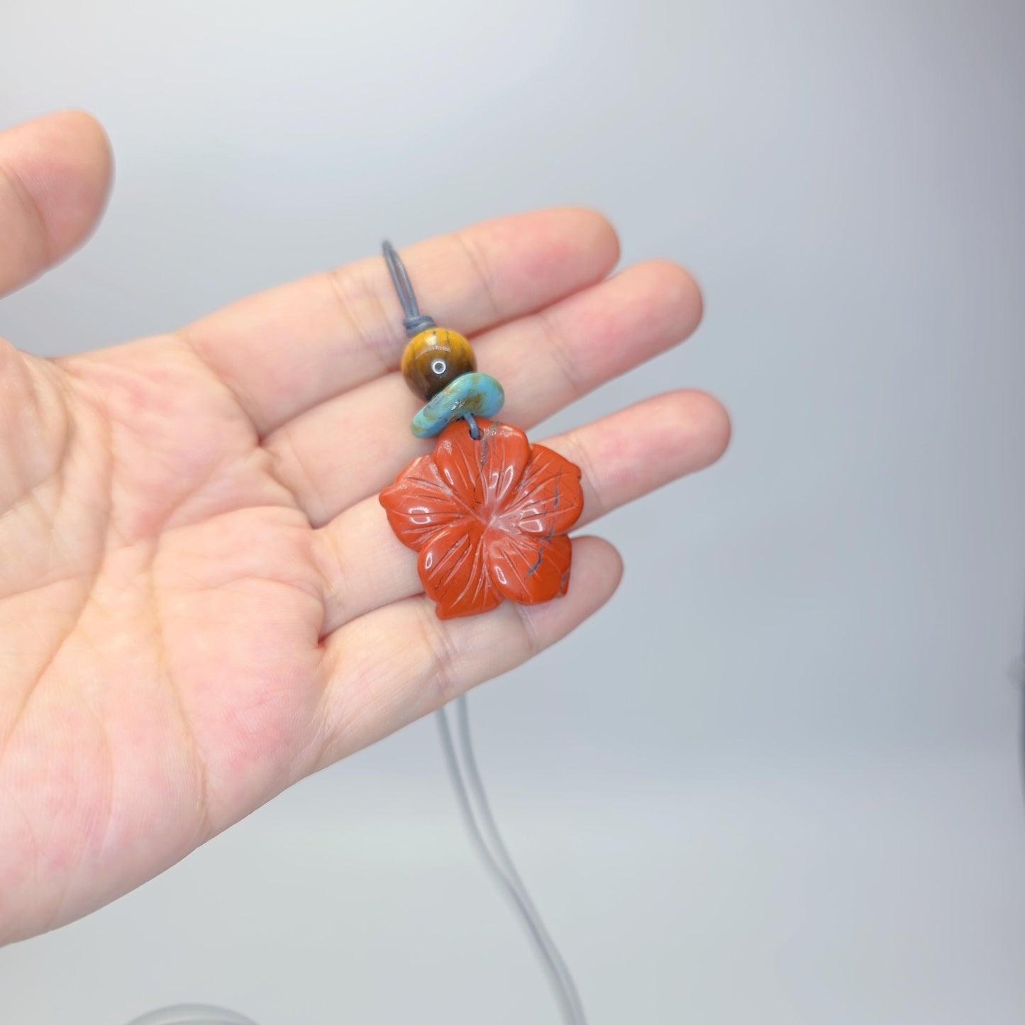 Red Jasper Necklace Flower Crystal Pendant, Chunky Tigers Eye Geometric Jewelry for Women Men with Adjustable Leather Cord up to 24 inches