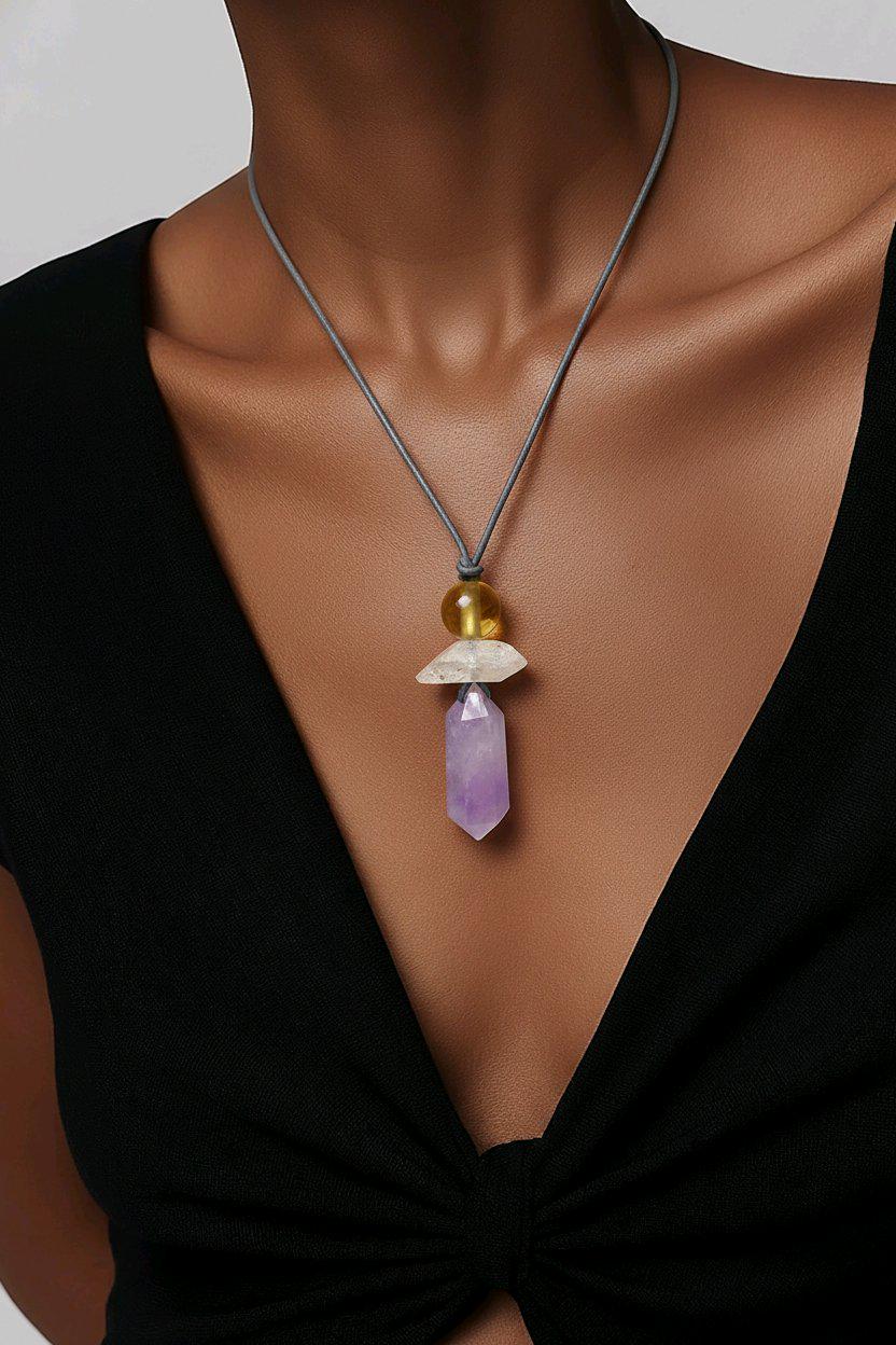 Amethyst Crystal Point Pendant Necklace, Chunky Geometric Raw Citrine Clear Quartz Healing Jewelry, Adjustable Leather Cord