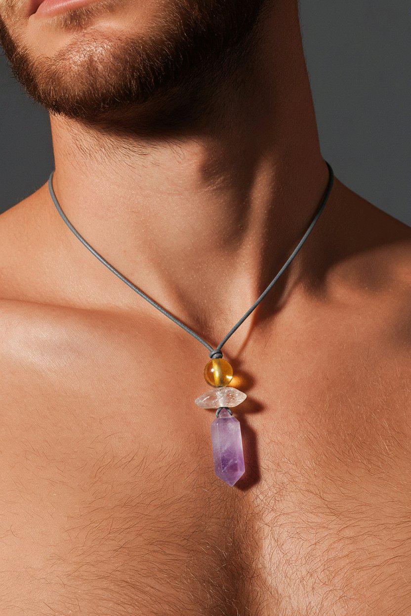 Amethyst Crystal Point Pendant Necklace, Chunky Geometric Raw Citrine Clear Quartz Healing Jewelry, Adjustable Leather Cord