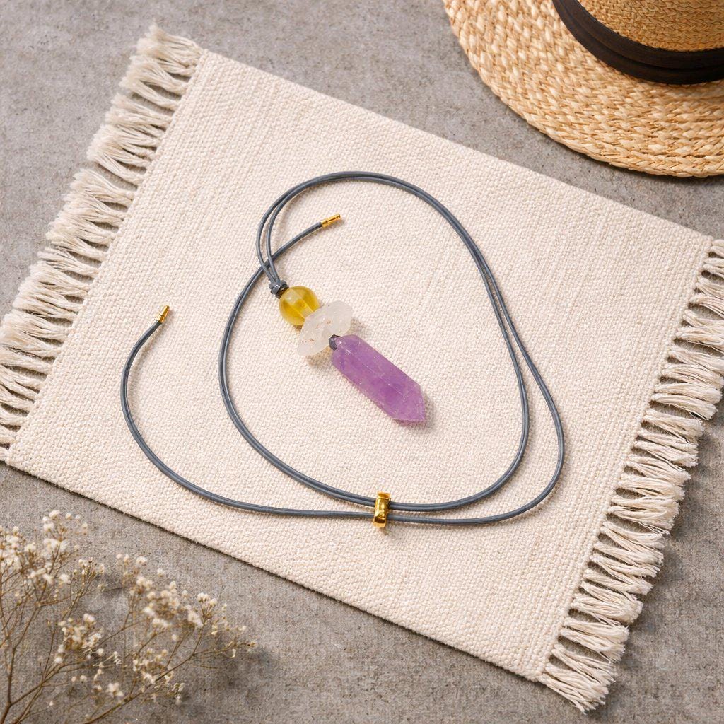 Amethyst Crystal Point Pendant Necklace, Chunky Geometric Raw Citrine Clear Quartz Healing Jewelry, Adjustable Leather Cord