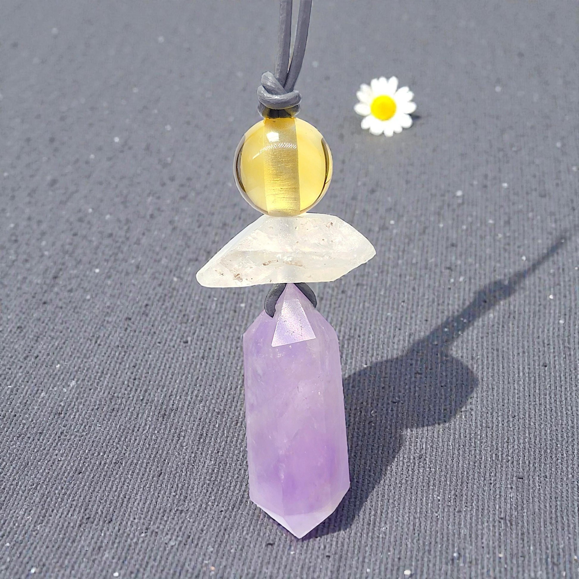 Amethyst Crystal Point Pendant Necklace, Chunky Geometric Raw Citrine Clear Quartz Healing Jewelry, Adjustable Leather Cord