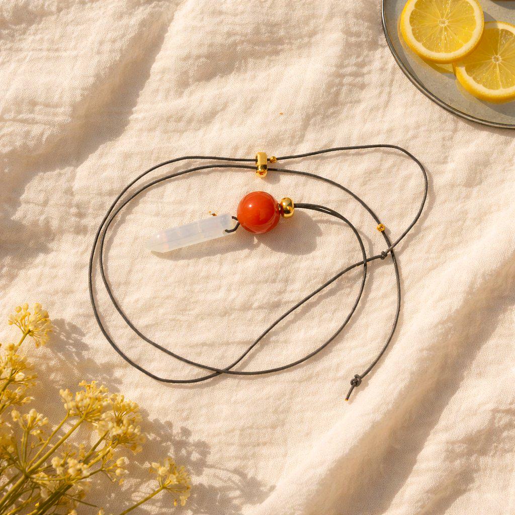 Opalite Crystal Point Pendant Necklace, Chunky Geometric Red Carnelian Healing Stone Jewelry, Adjustable Leather Cord