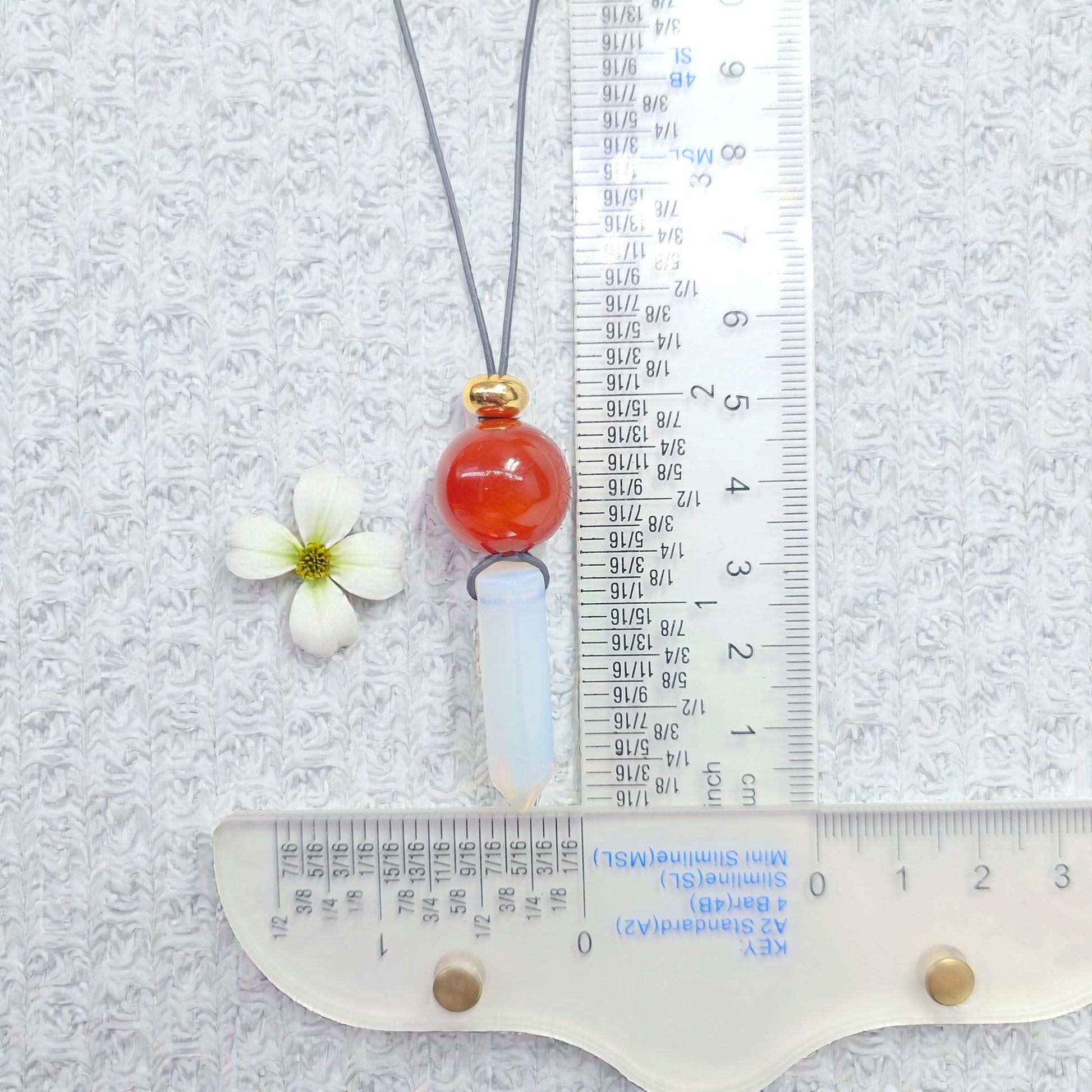 Opalite Crystal Point Pendant Necklace, Chunky Geometric Red Carnelian Healing Stone Jewelry, Adjustable Leather Cord